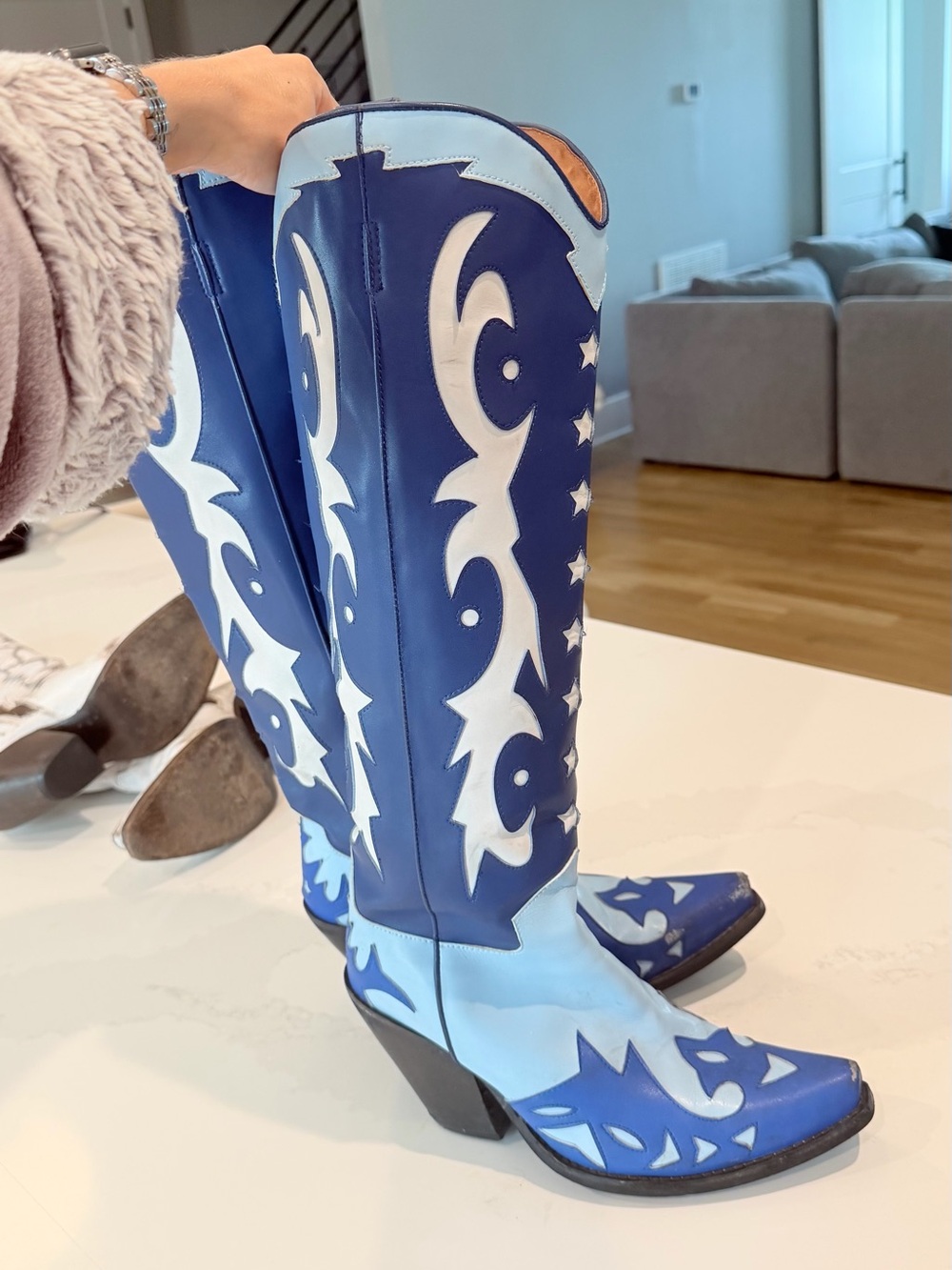 Jeffrey Campbell Two-Tone Blue Western Knee-High Heeled Boots - Picture 4 of 5